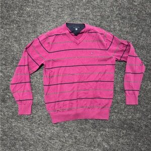 Tommy Hilfiger Men's V-Neck Striped Sweater - Hot Pink with Navy Stripes